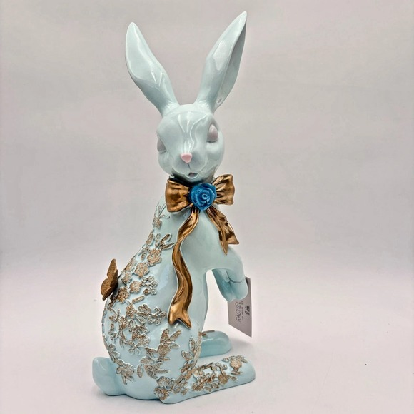 Rachel Zoe Light Pastel Blue Easter Bunny Rabbit Figurine Gold Lace Butterflies